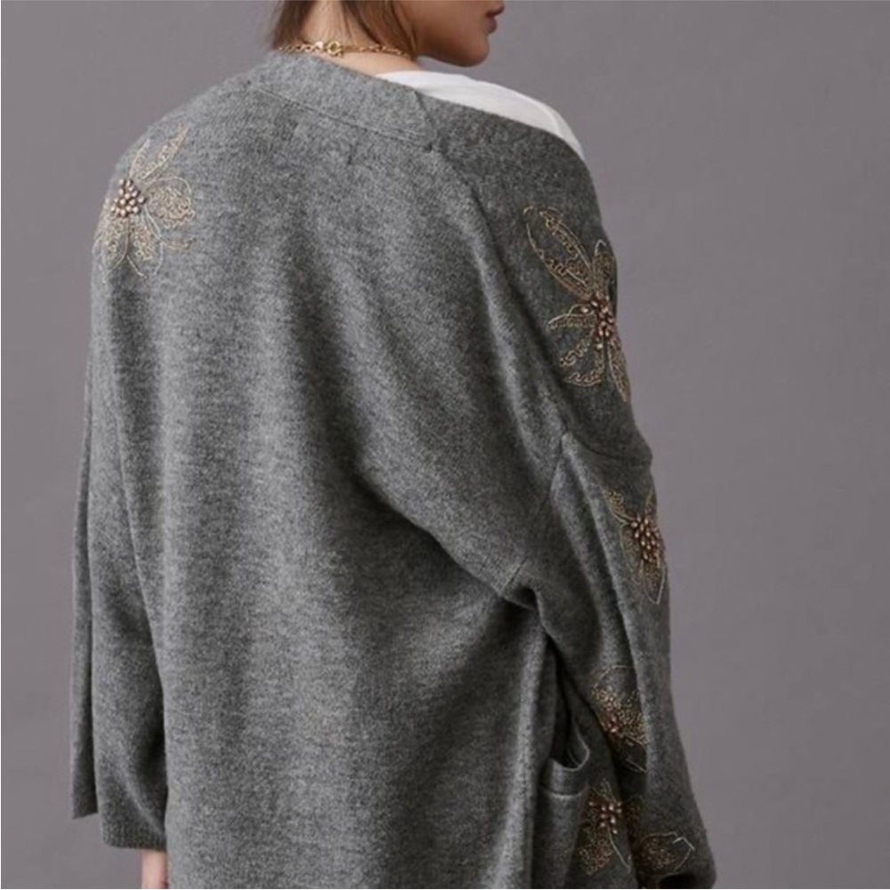 Anthropologie Sweater Gray Embroidered Floral and Jewels Open Cardigan ONE SIZE - Picture 5 of 15